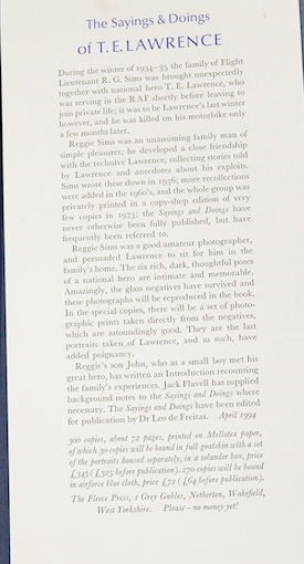 Sims, R. G. - The Sayings & Doings of T.E. Lawrence. Edited by Dr. Leo John de Freitas; with an introduction by John Sims and Notes by A.J. Flavell. Limited Edition (of 300 copies), this one inscribed beneath the limitat